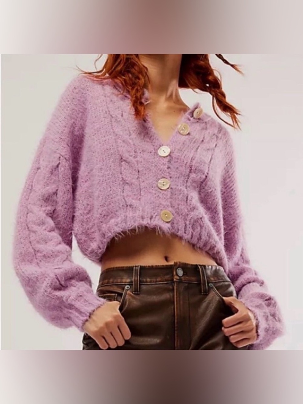 Free People Willow Cropped Fuzzy Cardigan Sweater Lilac Purple Cable Knit XS
